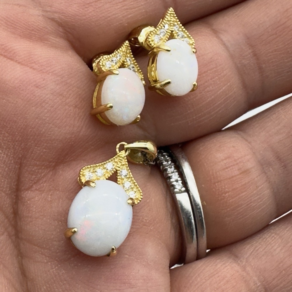 Vtg Stauer Sterling‎ Silver Fire Opal Diamond Necklace Earring Set